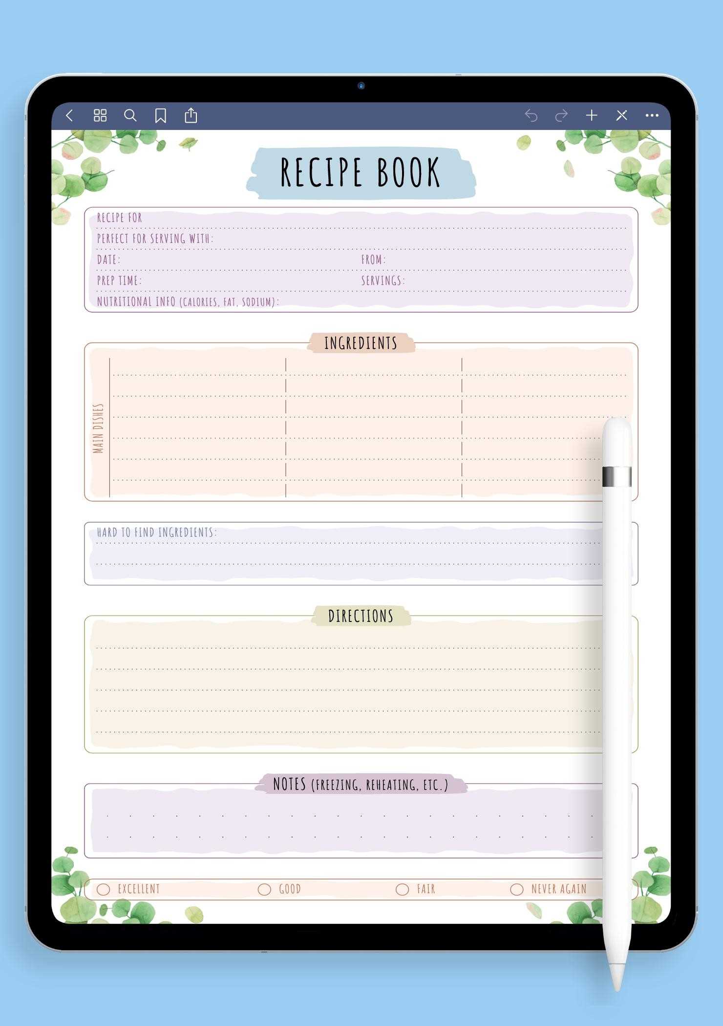 recipe calendar template