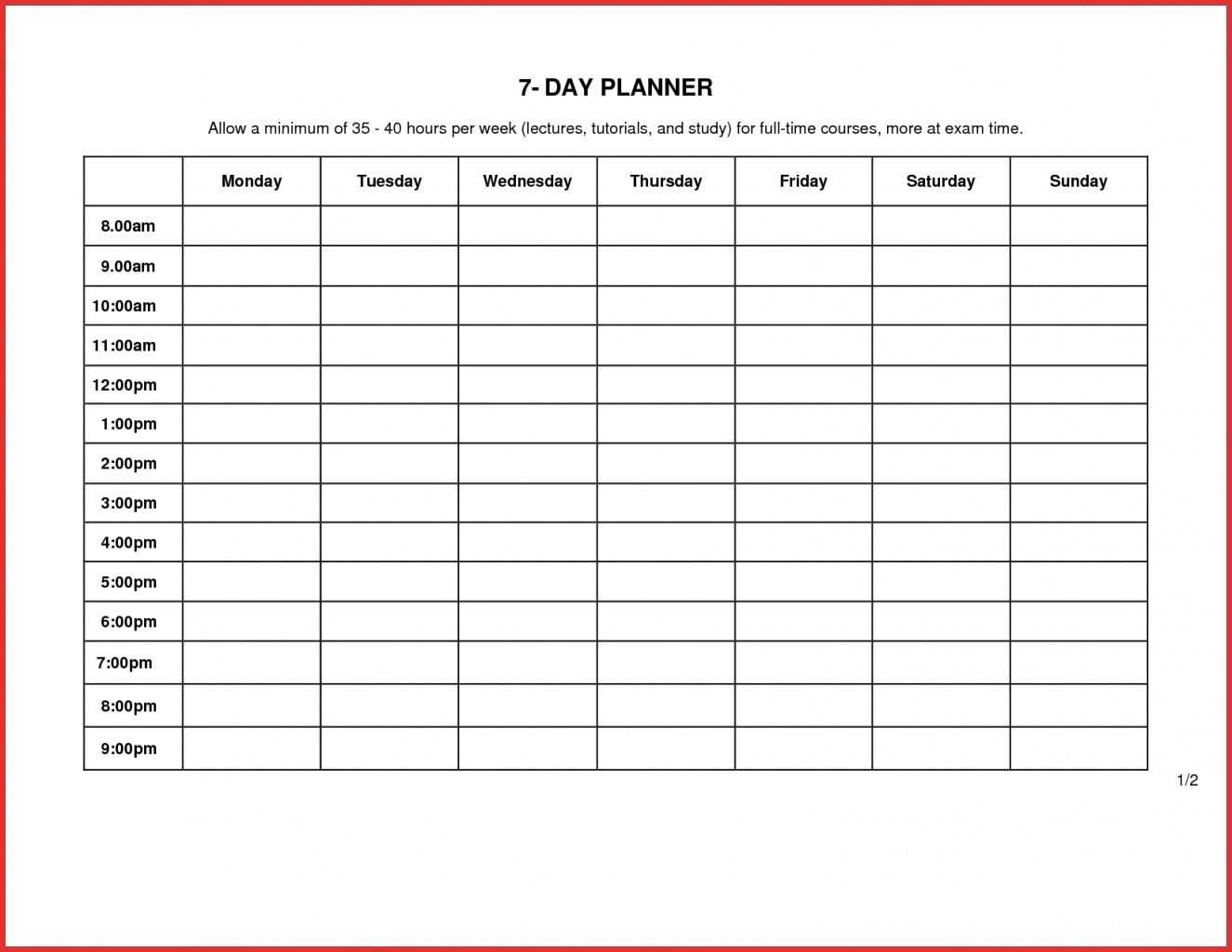 seven day calendar template