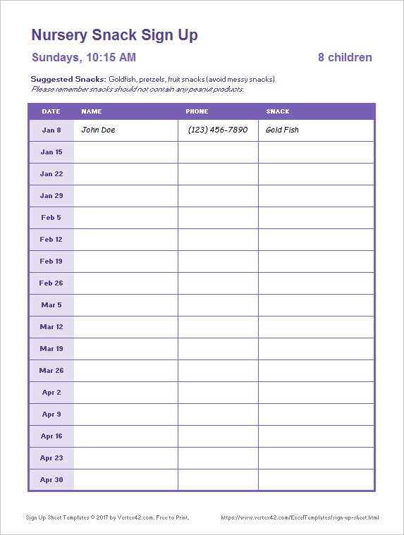 sign up sheet calendar template