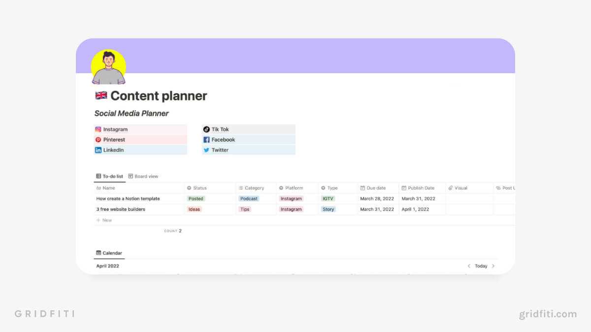 social media calendar notion template