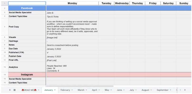 social media calendar spreadsheet template