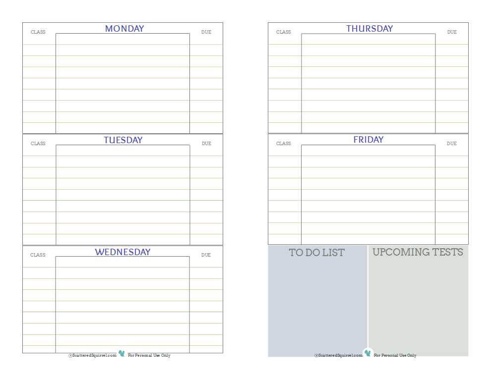 student weekly calendar template