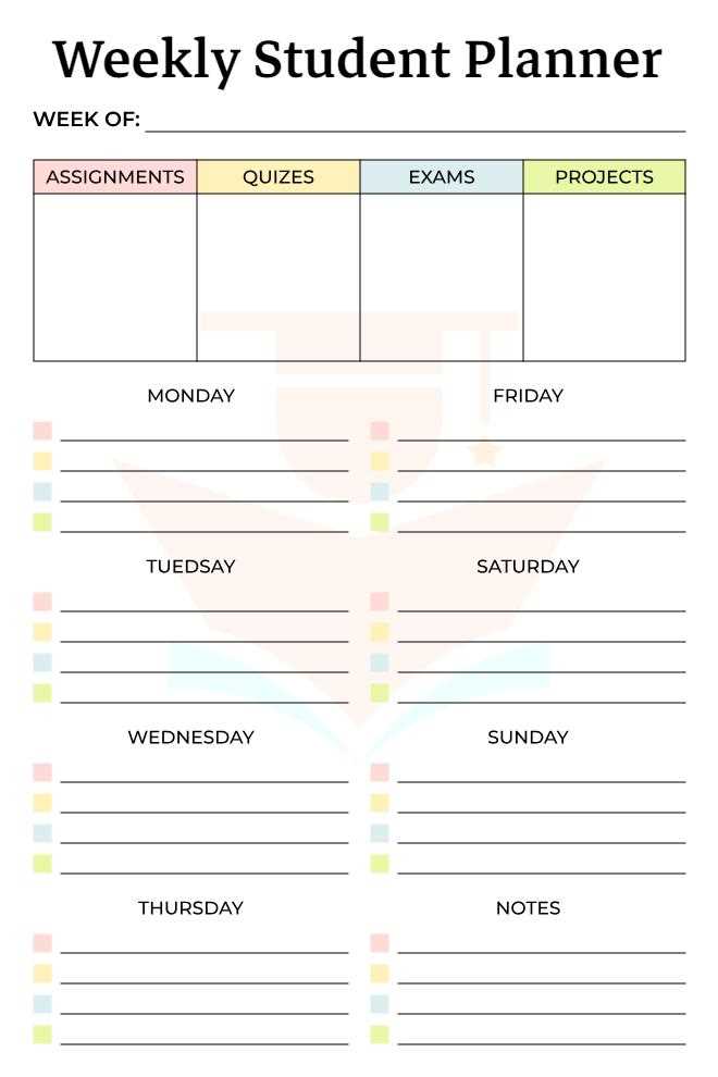 student weekly calendar template