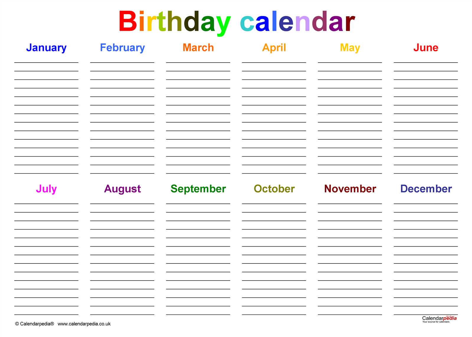 team birthday calendar template