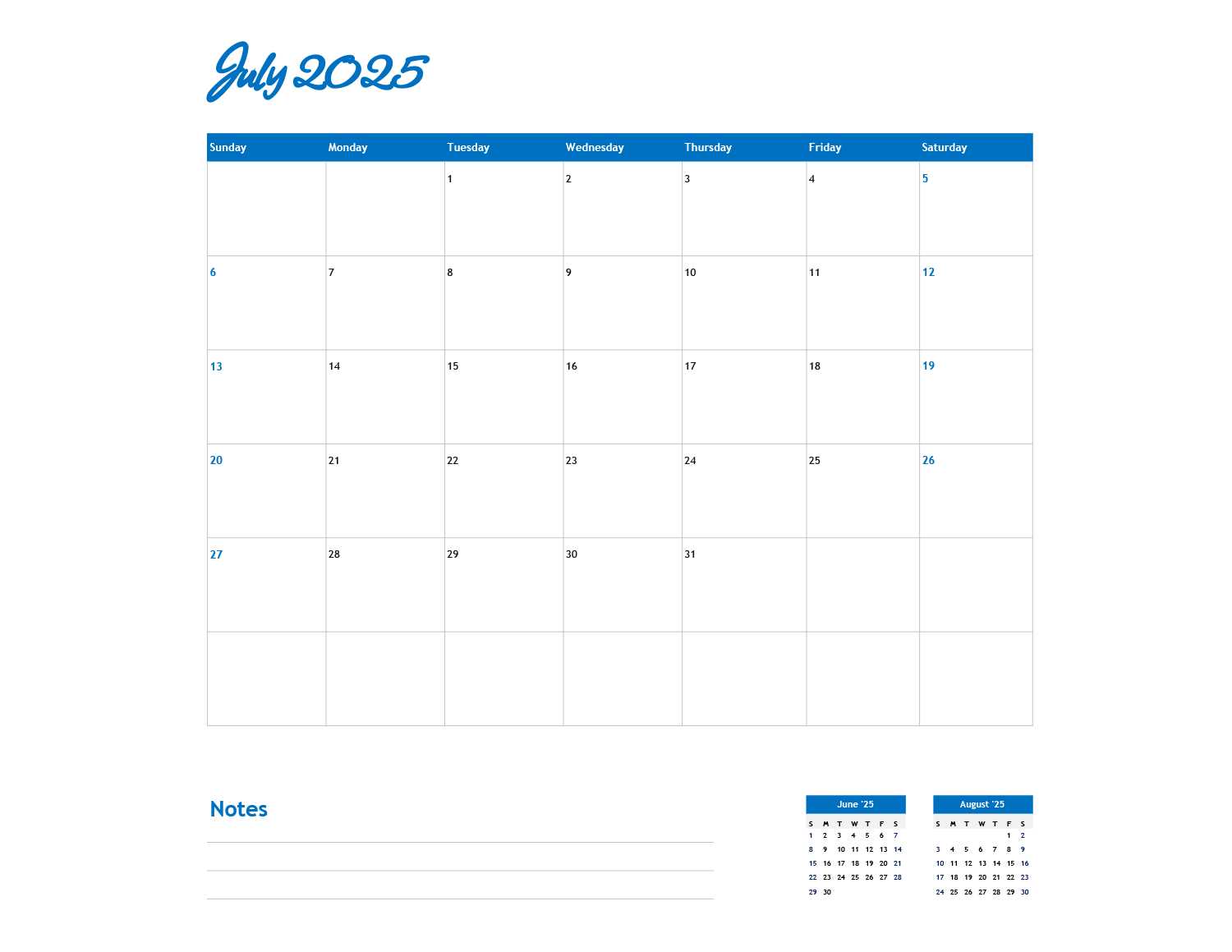 template for july 2025 calendar