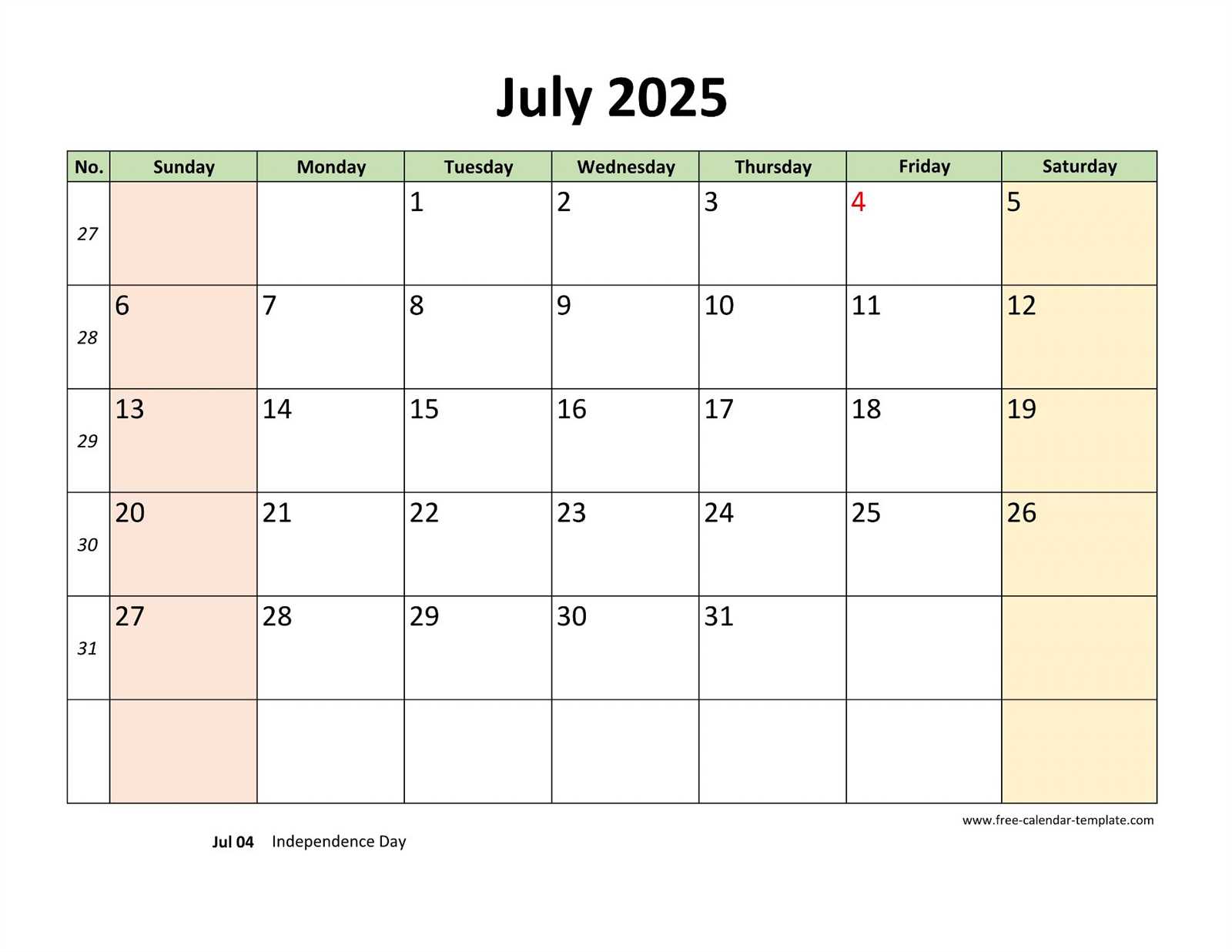 template for july 2025 calendar