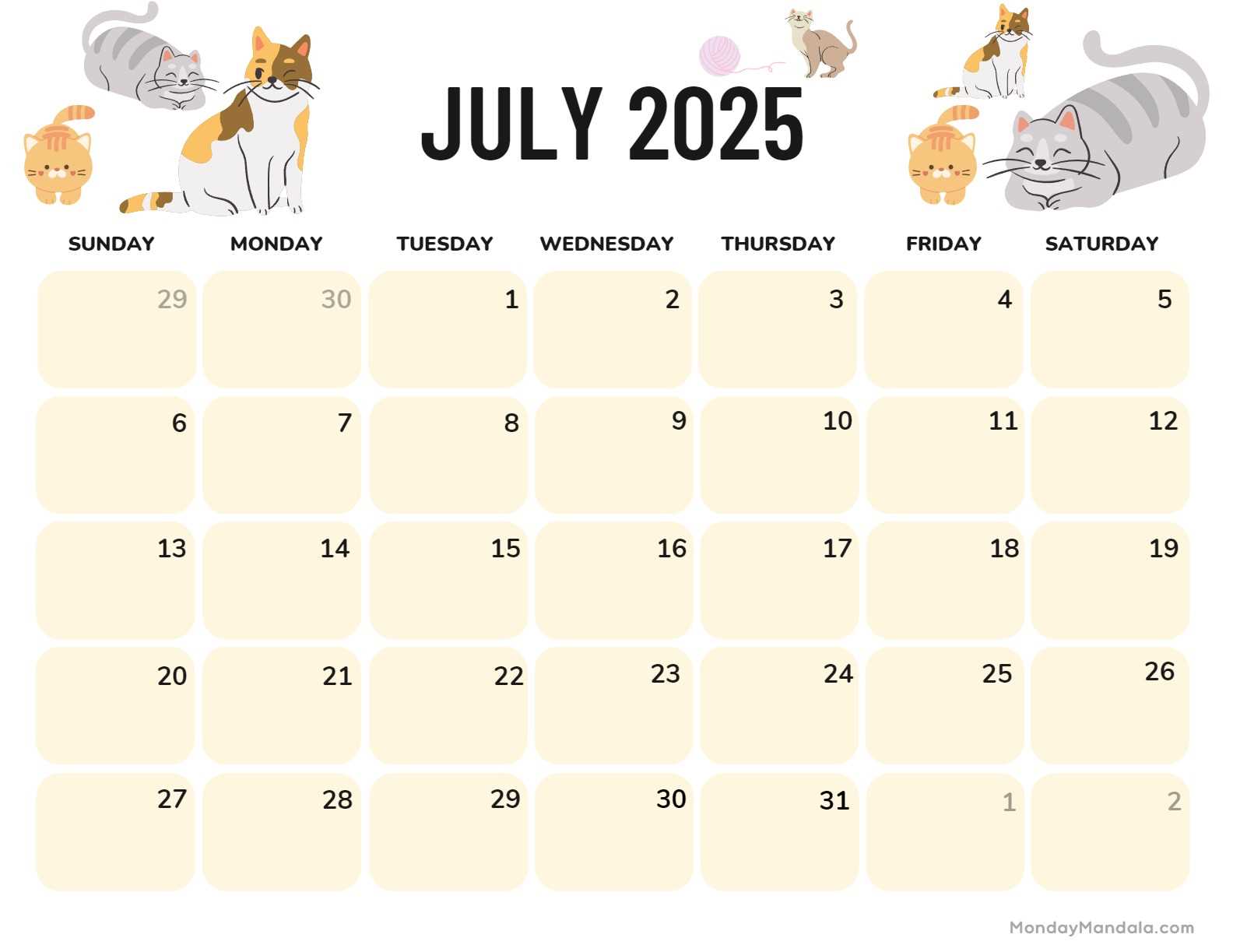 template for july 2025 calendar