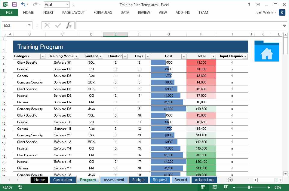 training calendar template xls