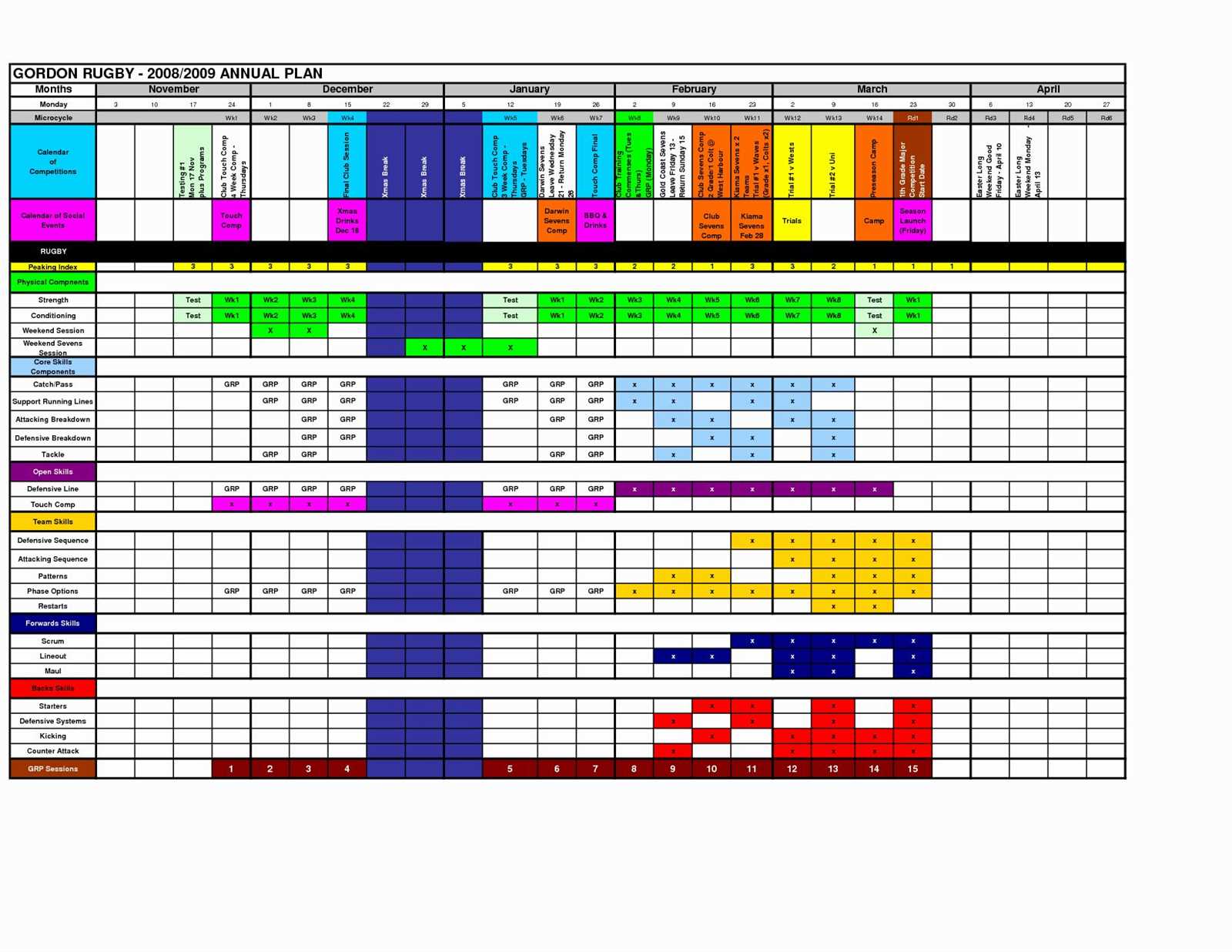 training calendar template xls