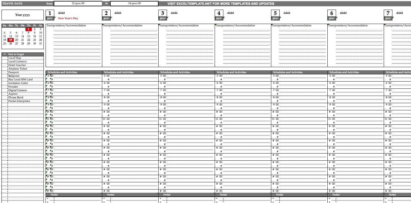 travel calendar template