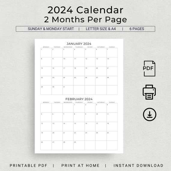 two page per month calendar template