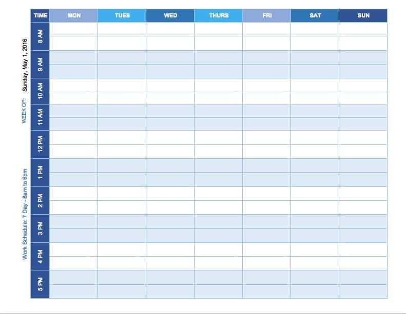 week calendar template with hours