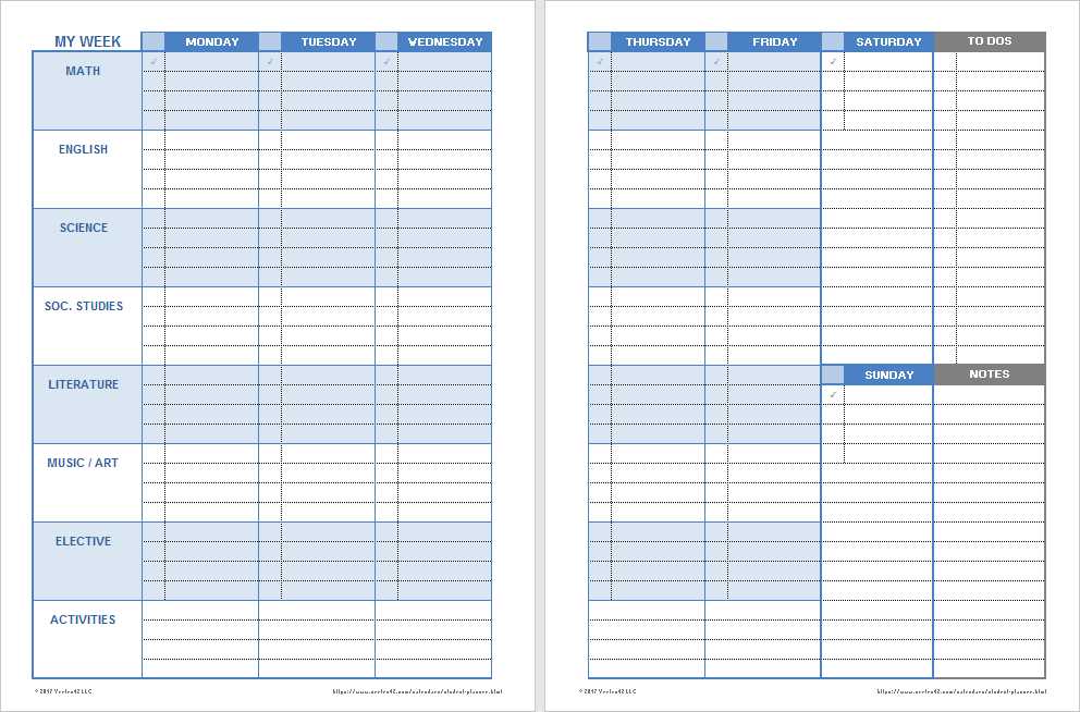 weekly academic calendar template