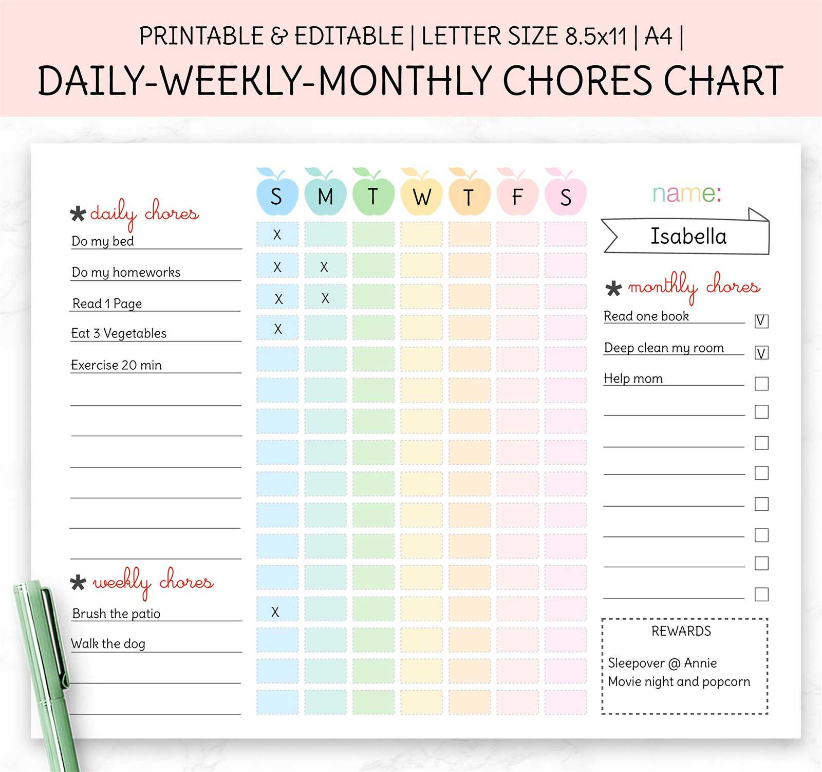 weekly chore calendar template