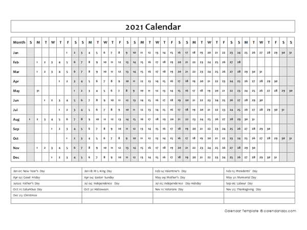 year at a glance calendar template