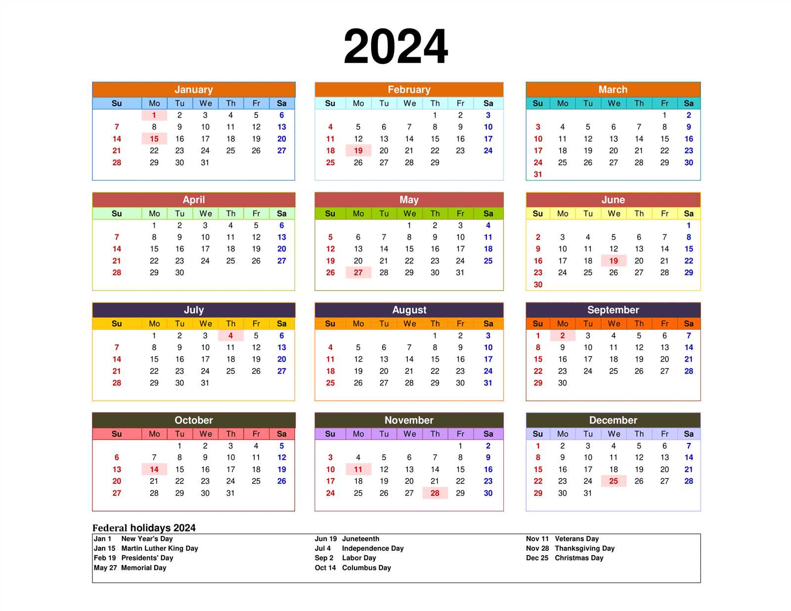 year calendar one page template