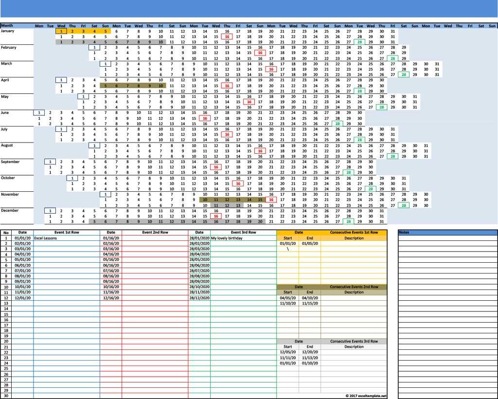 yearly linear calendar template