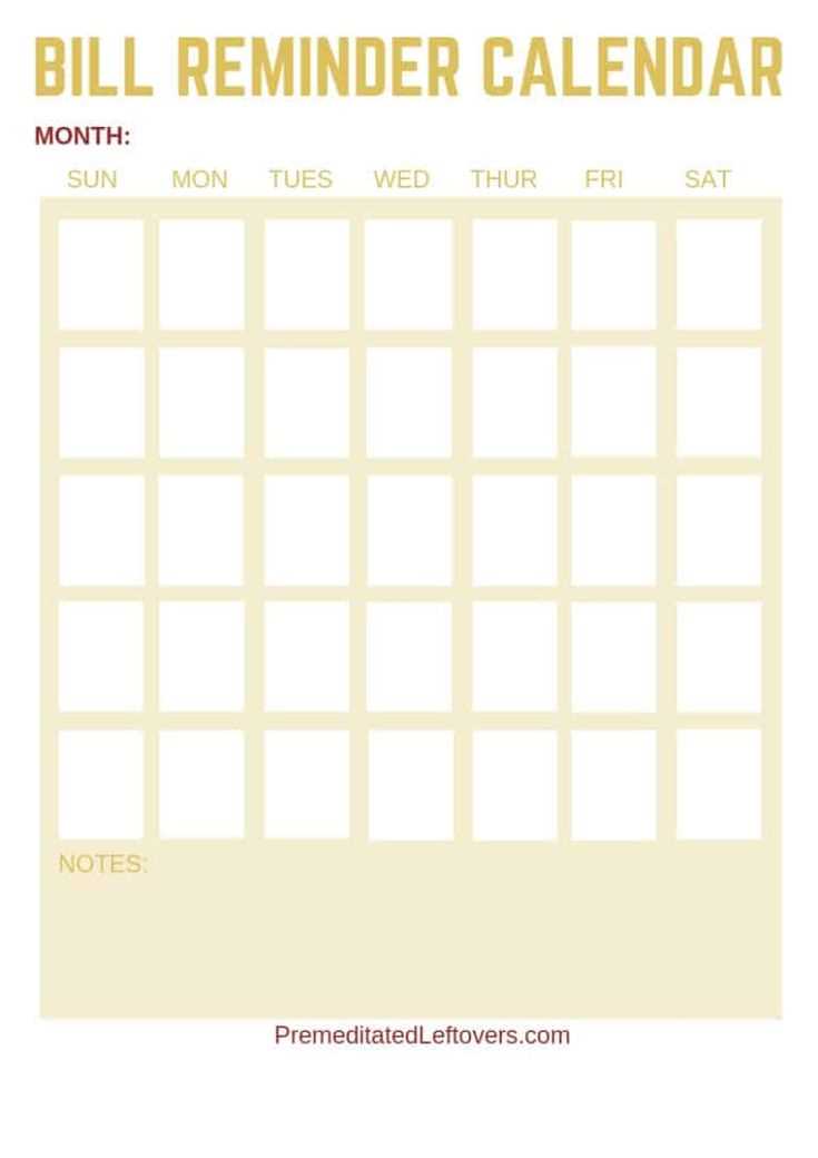 bill reminder calendar template