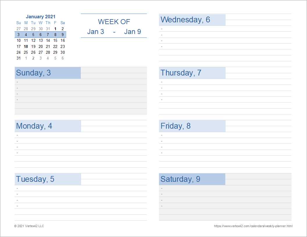 free five day calendar template