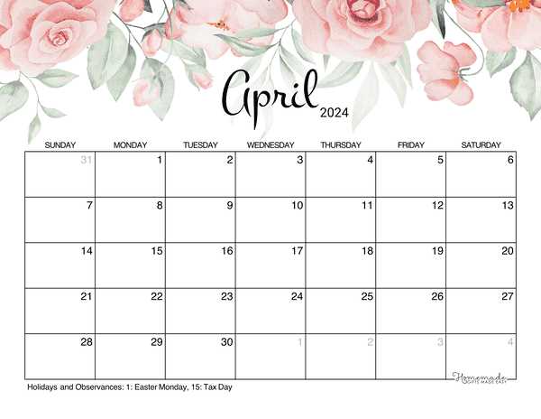 april calendar template free