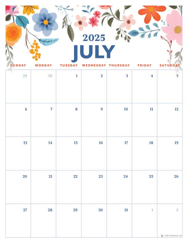 july monthly calendar template 2025