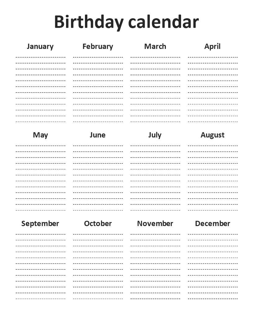 annual birthday calendar template free