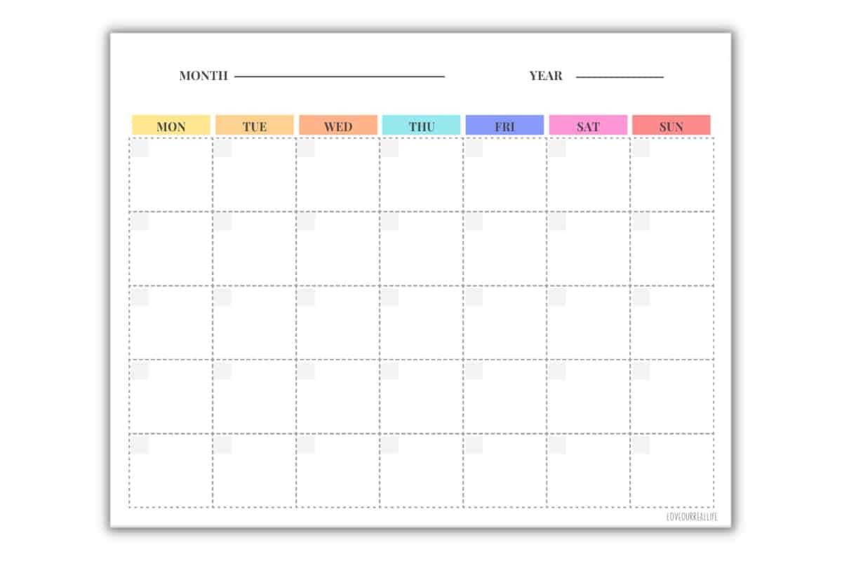 any year monthly calendar template