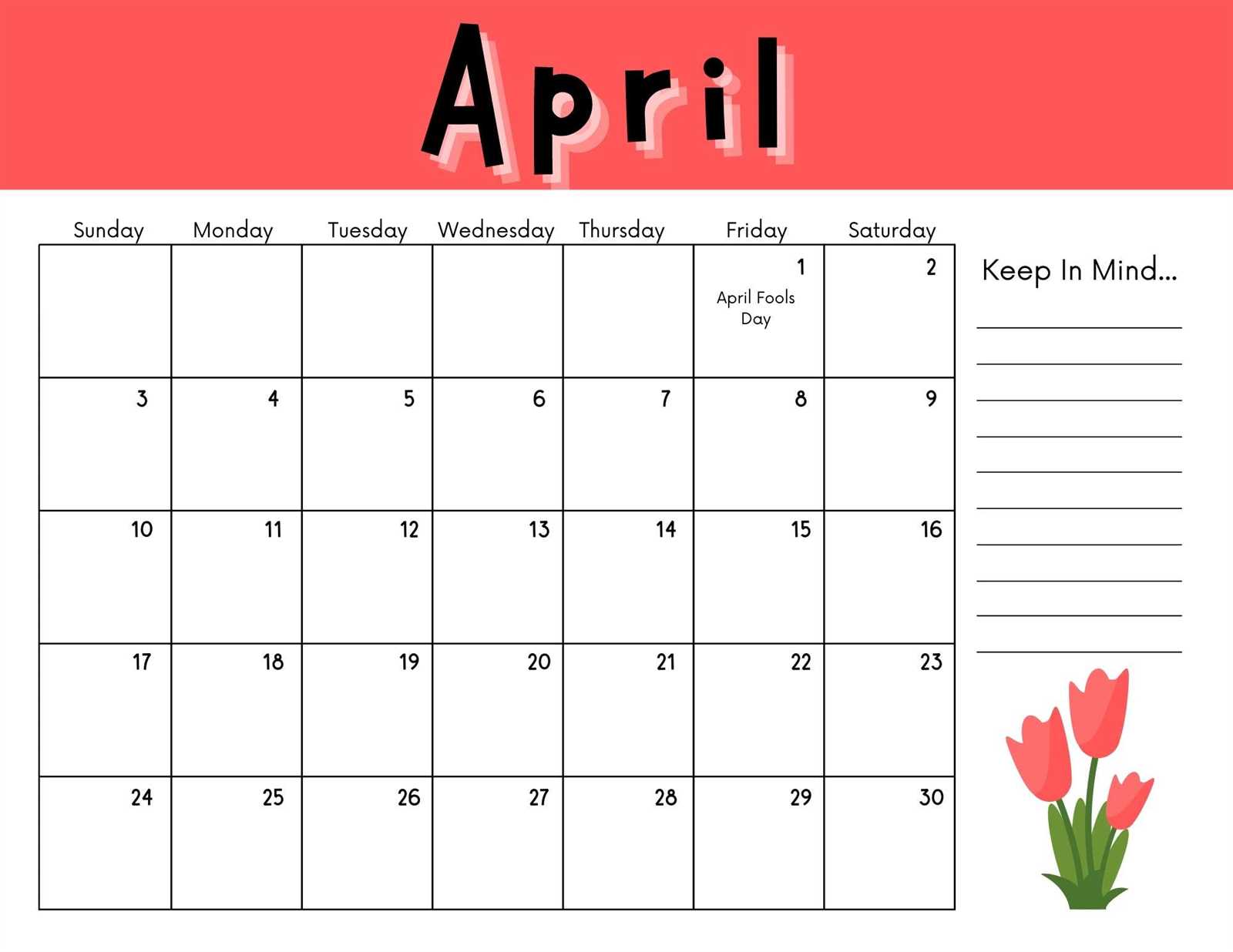 april month calendar template