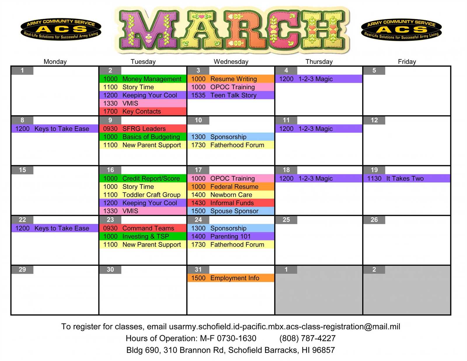 army yearly training calendar template