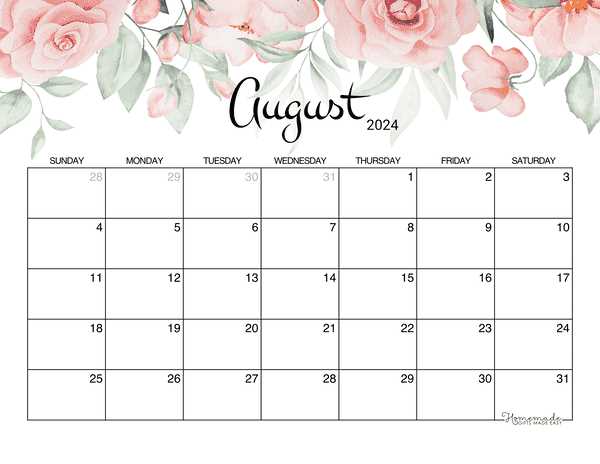 august monthly calendar template