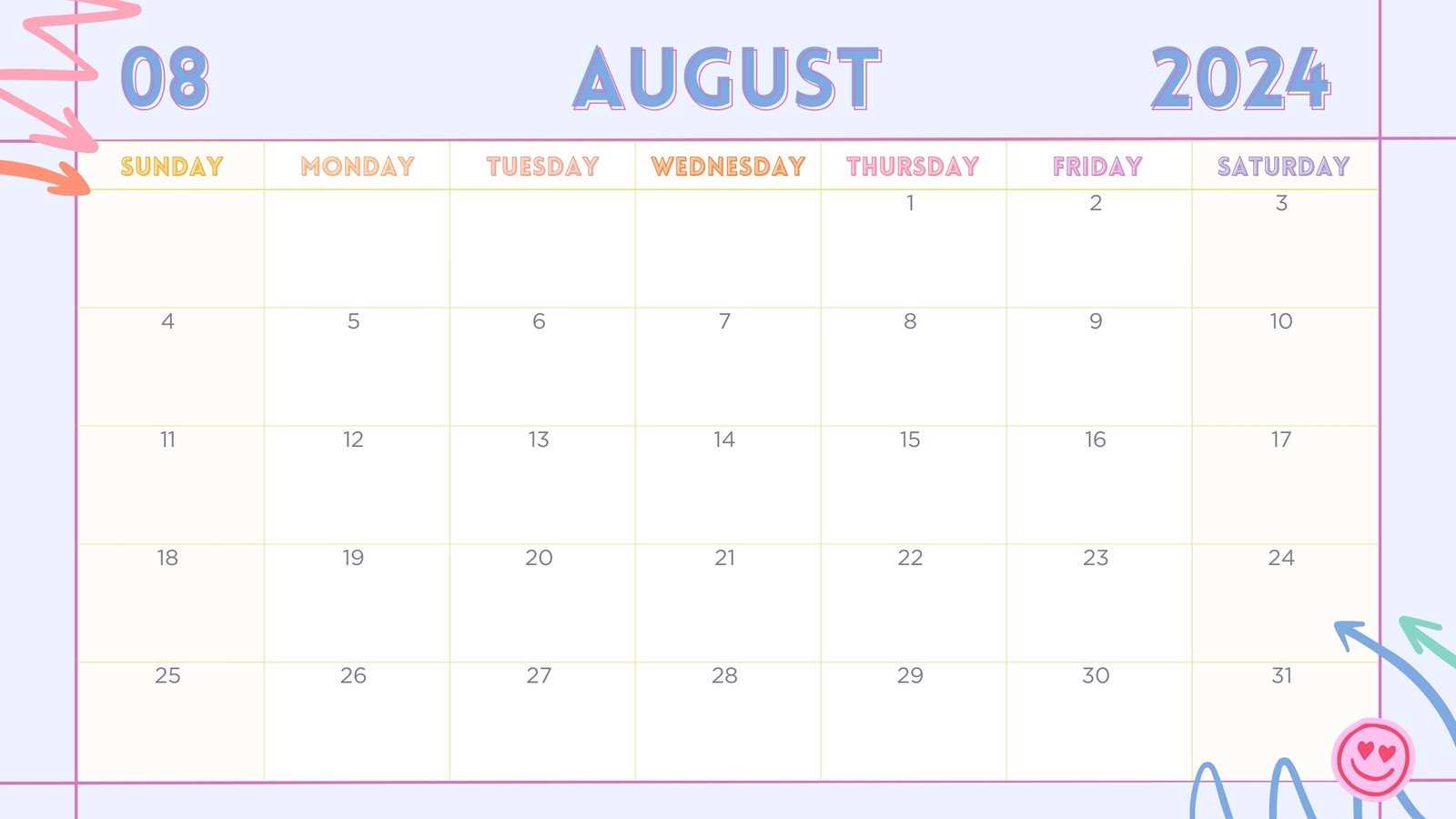 august monthly calendar template