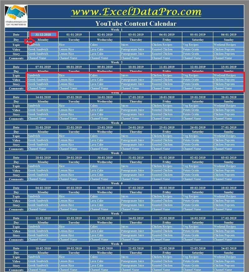 content creator calendar template