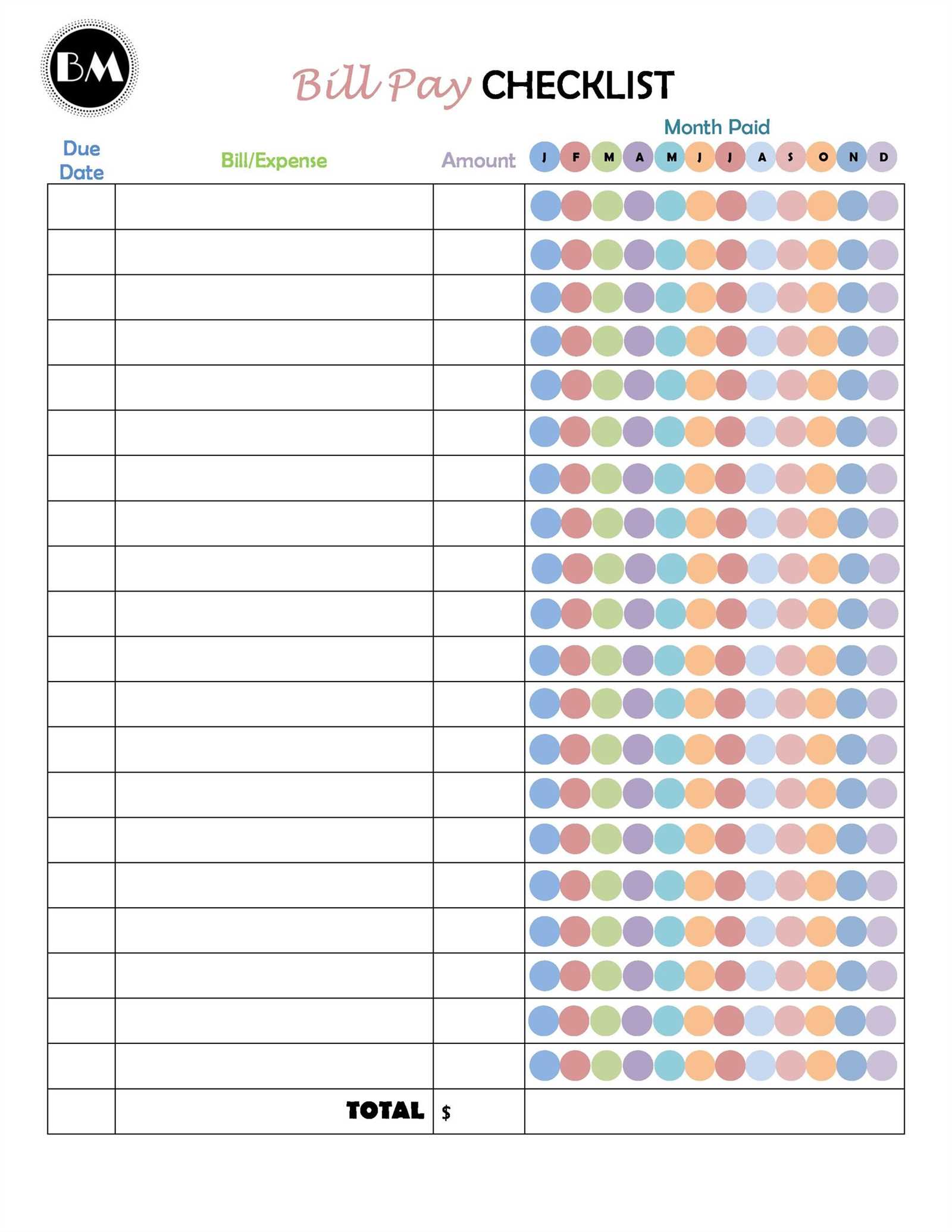 calendar for bills due template