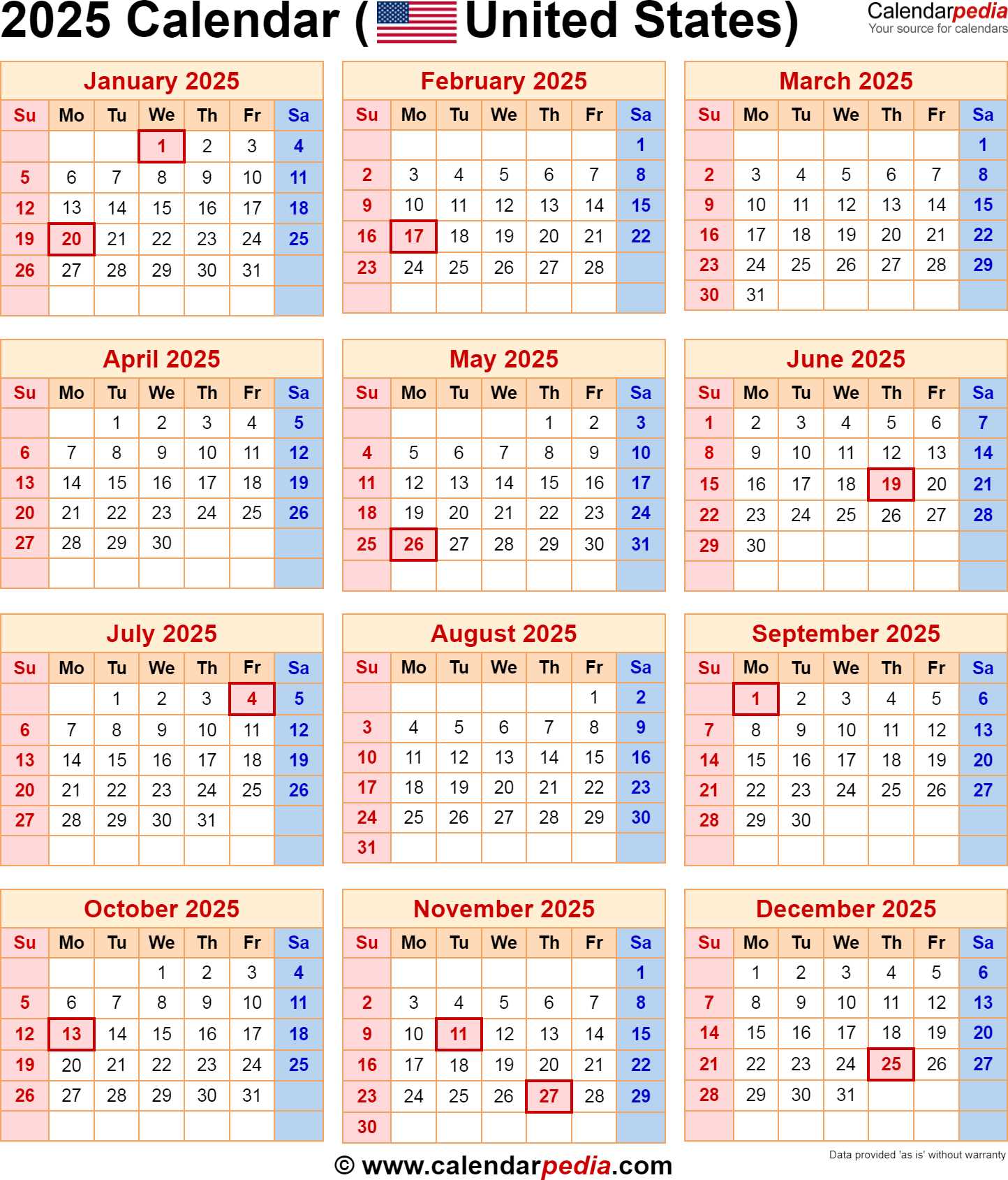 calendar 2025 template with holidays