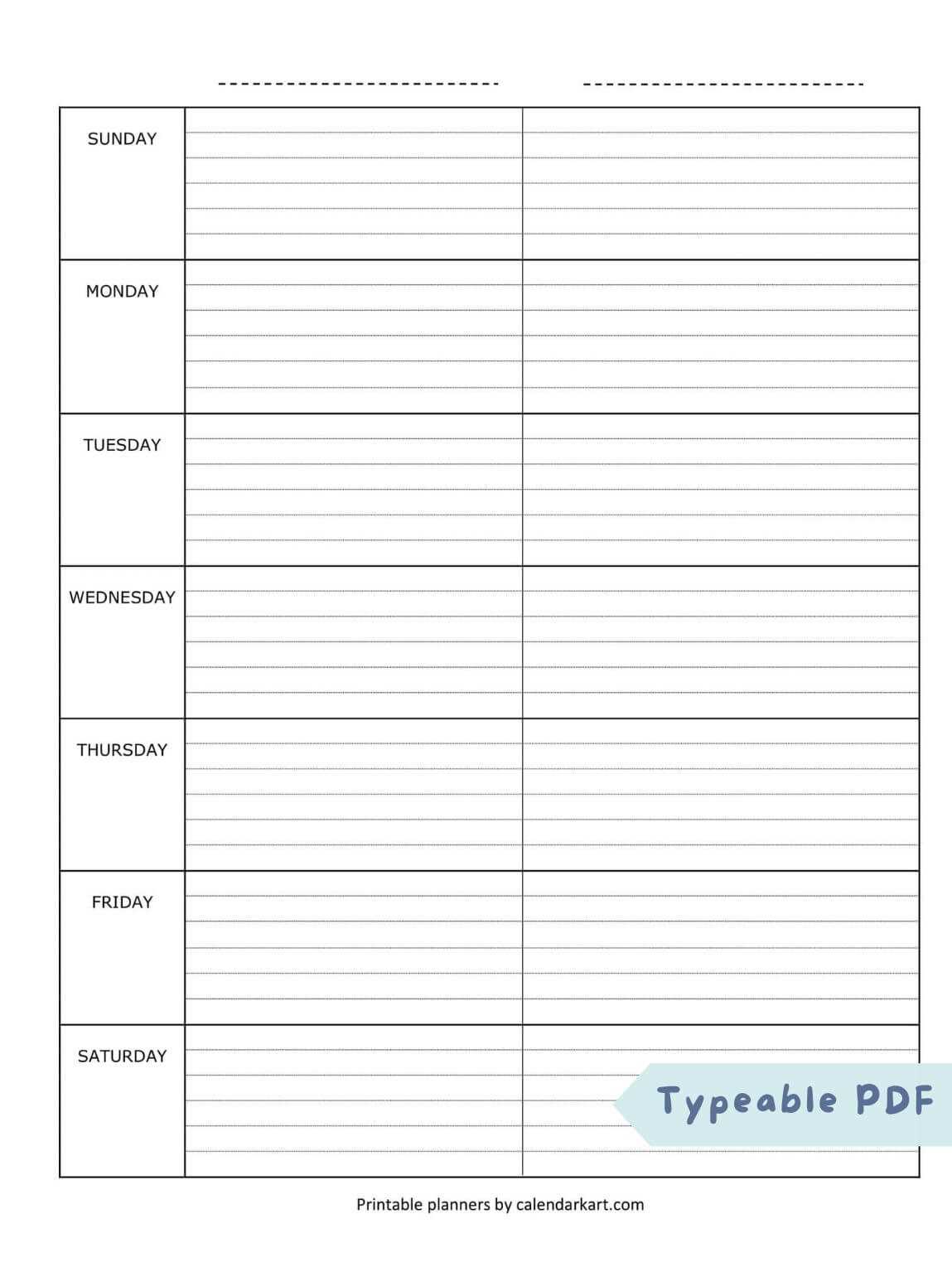 weekly calendar planning template