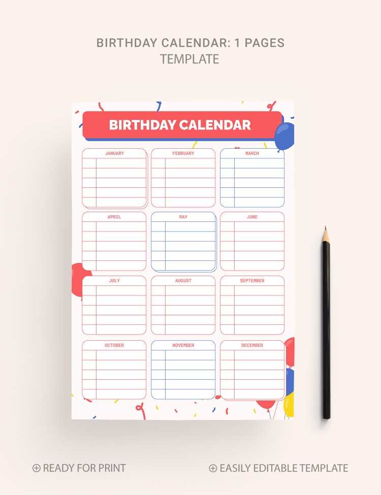 one page birthday calendar template