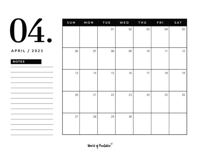 blank april calendar template 2025