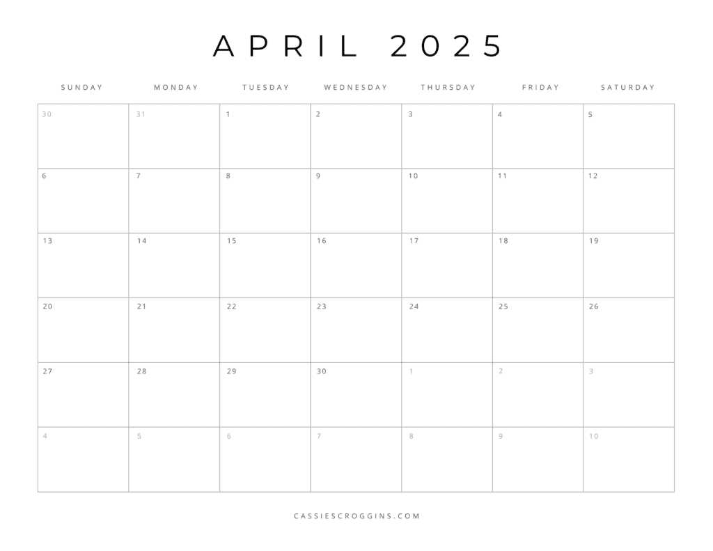 blank calendar template april 2025