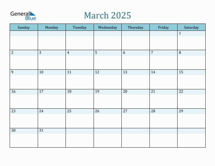 blank calendar template for march 2025