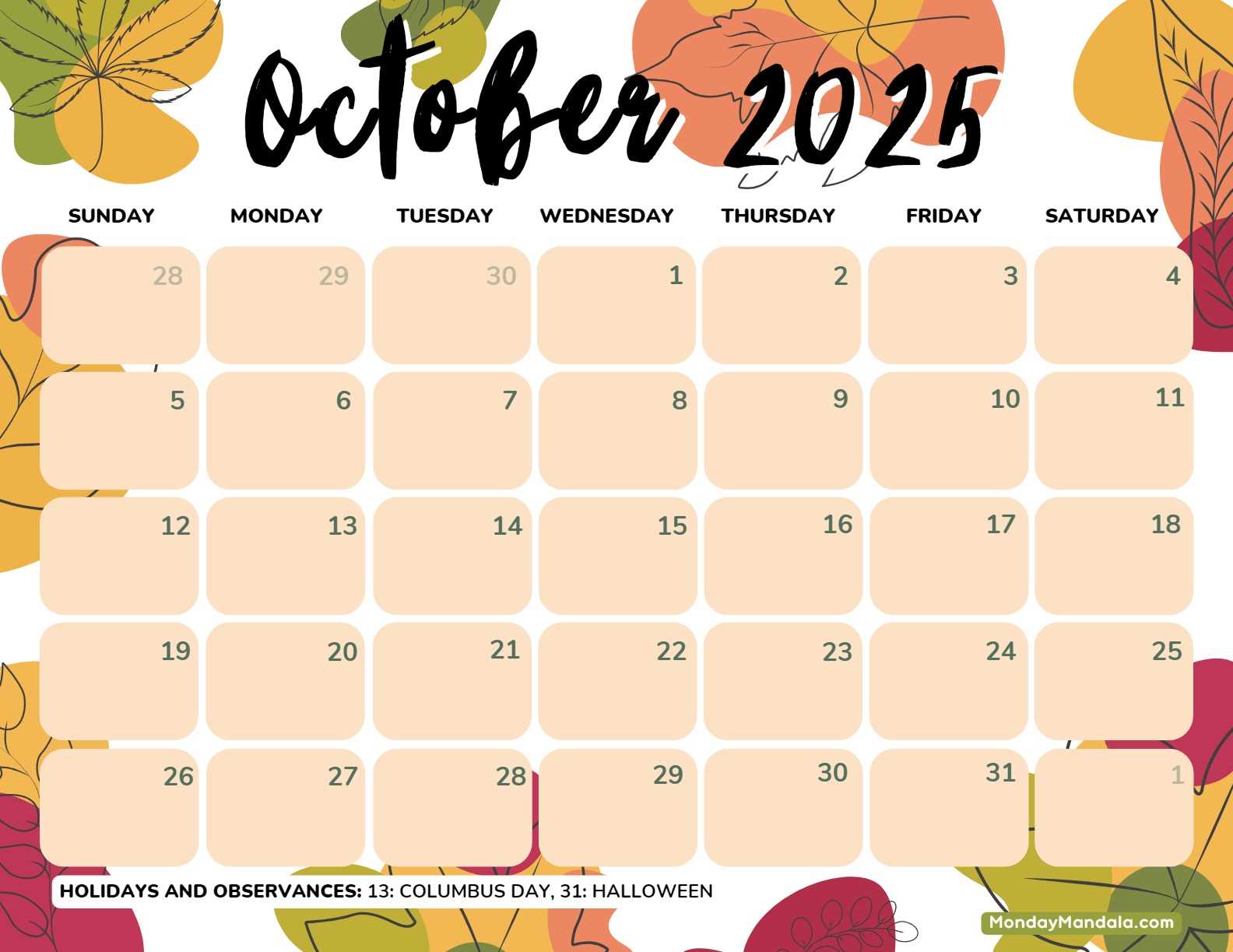 blank calendar template october 2025 printable