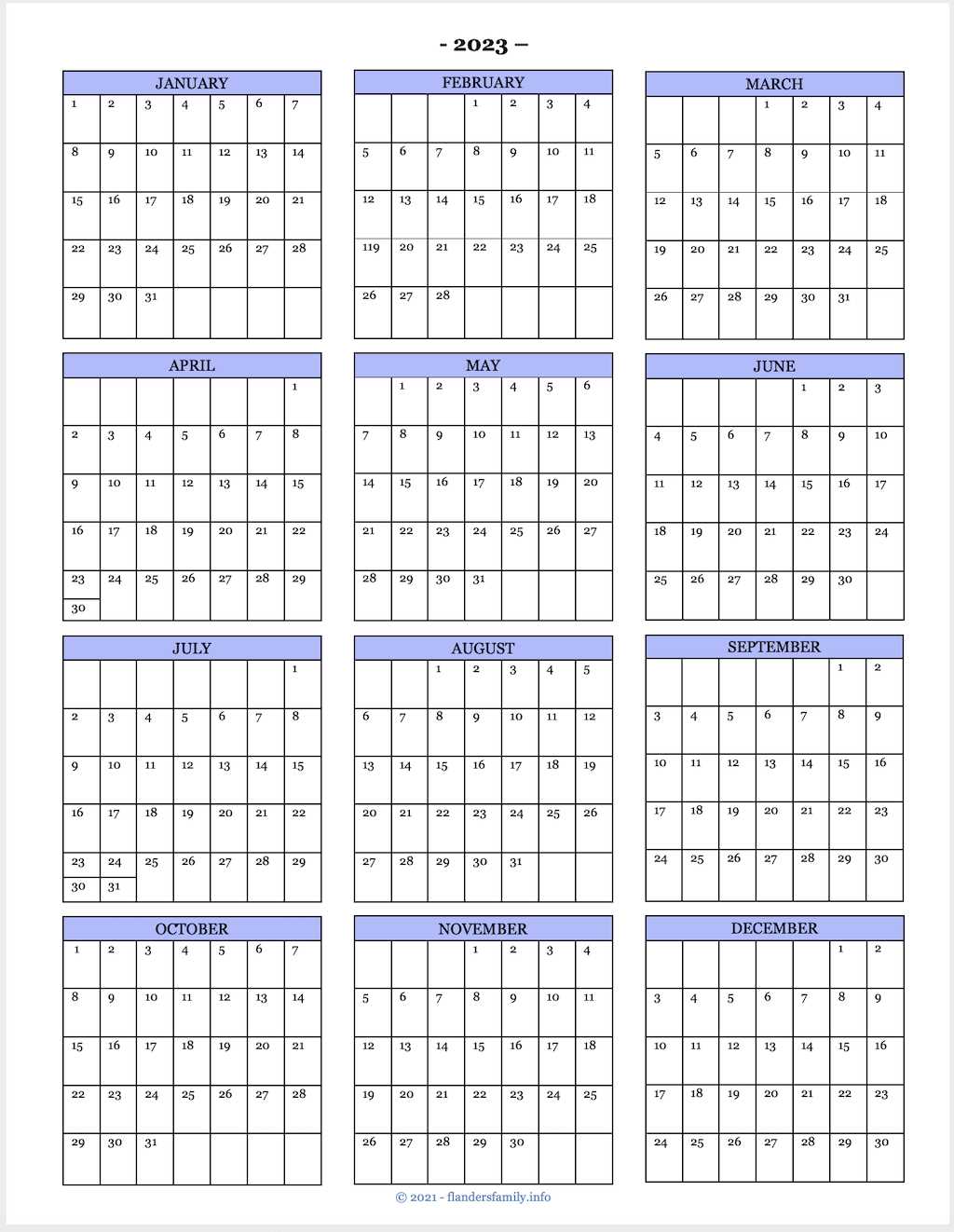 blank year calendar template 2025