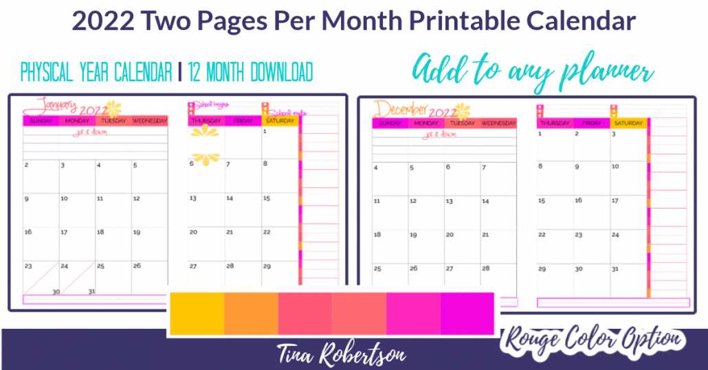 two page per month calendar template