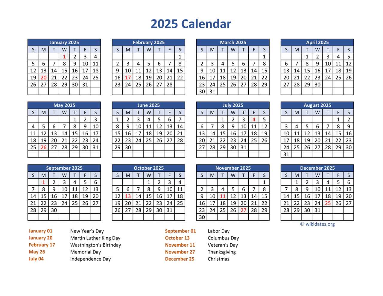 calendar 2025 template with holidays