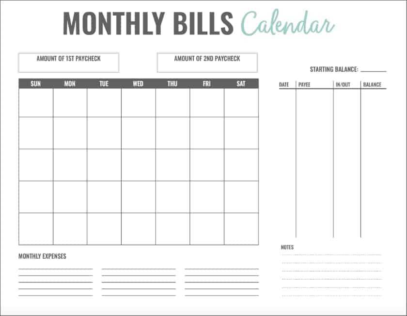 calendar for bills due template