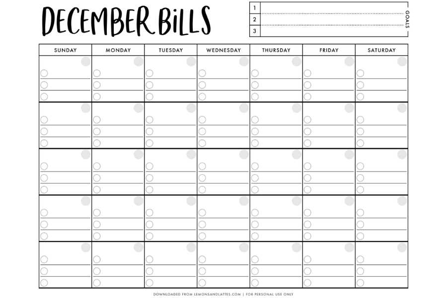 calendar for bills due template