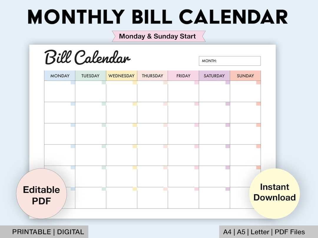 calendar for bills due template