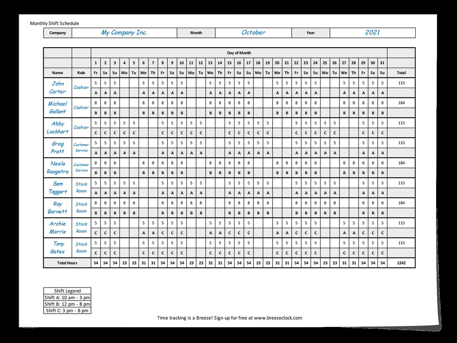 calendar template for scheduling employees