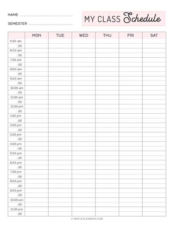 class schedule calendar template