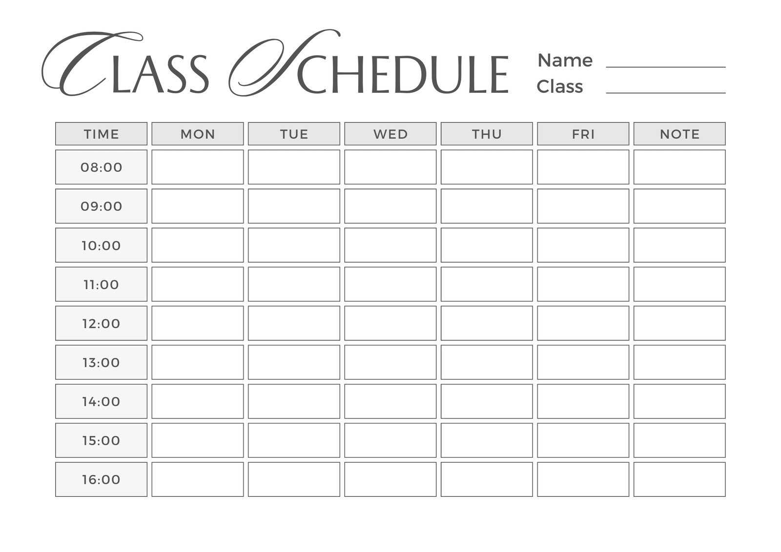 class schedule calendar template