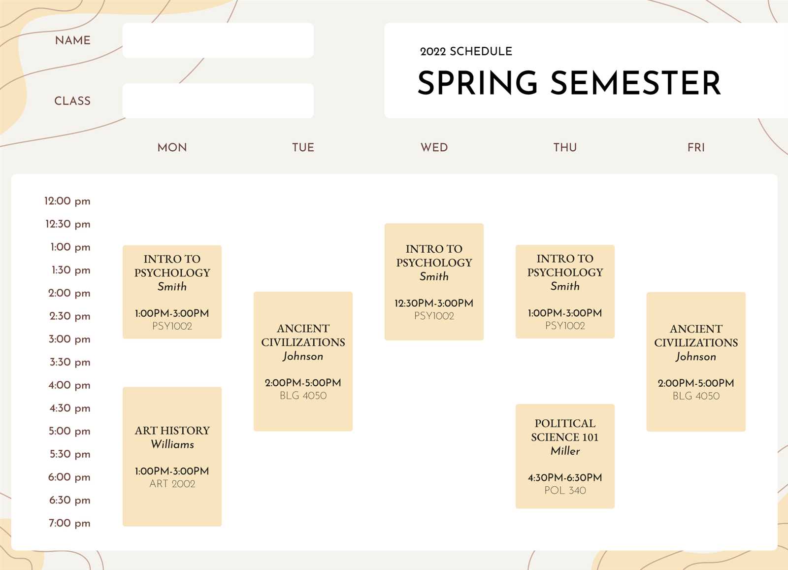 class schedule calendar template